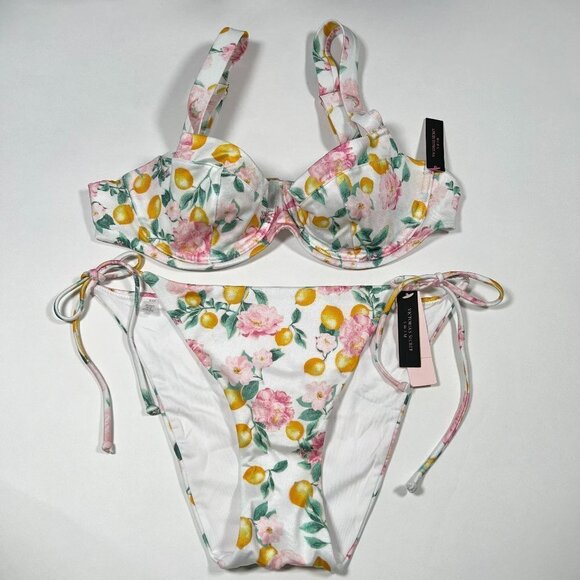 Victoria Secret 36B M Wicked Bikini Top Bottom Set Lemon Floral Print VLV